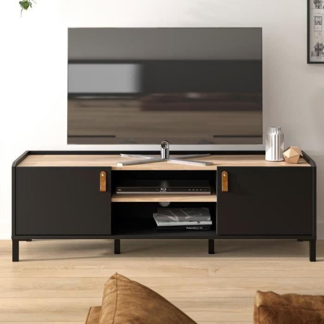 Gami - GAMI Meuble TV - Style Industriel - Made in France - Décor chêne noir - L 136 x P 40 x H 44 cm - AMSTERDAM - Meubles TV, Hi-Fi