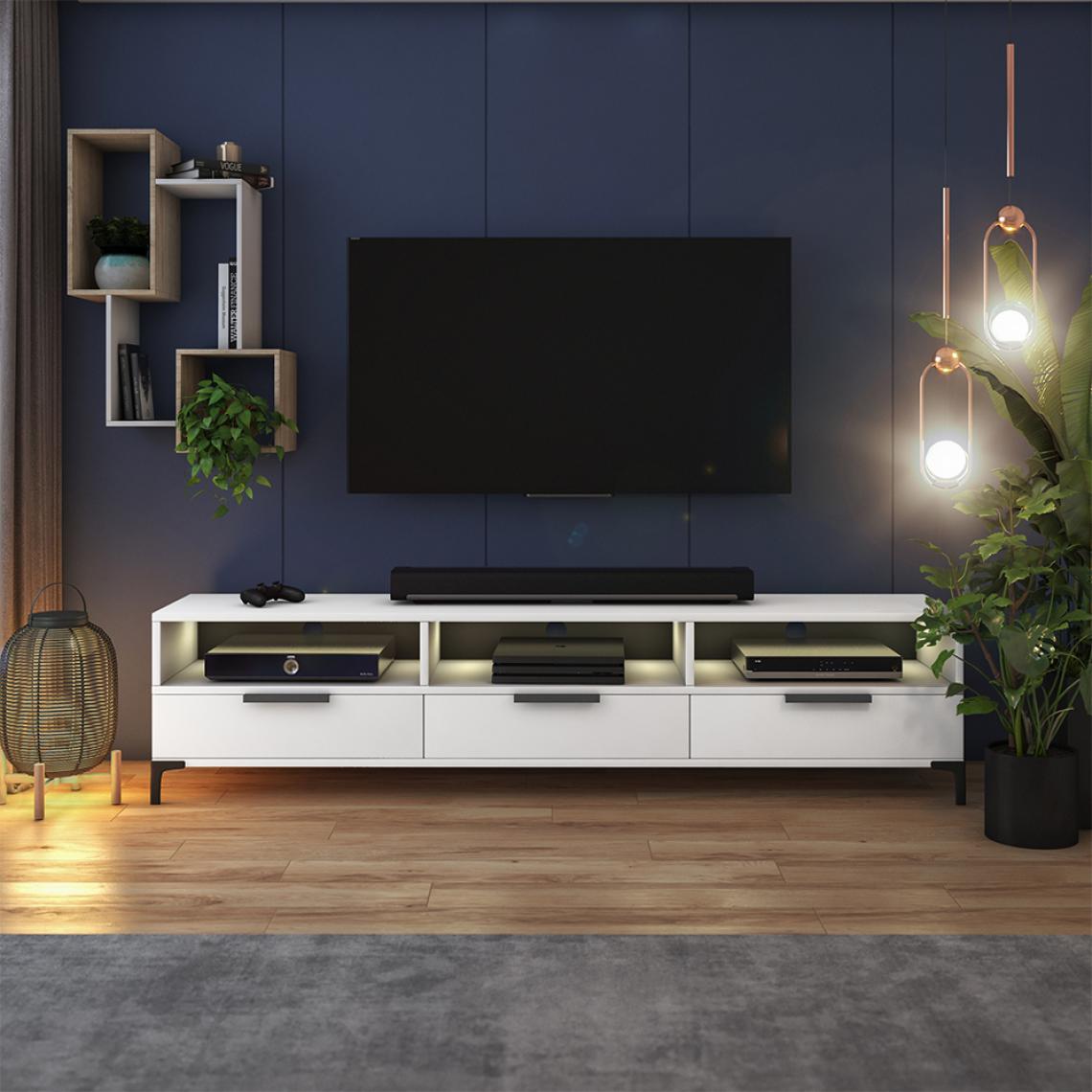 Selsey - Meuble tv - RIKKE - 160 cm - blanc mat / blanc brillant - avec LED à piles - Meubles TV, Hi-Fi
