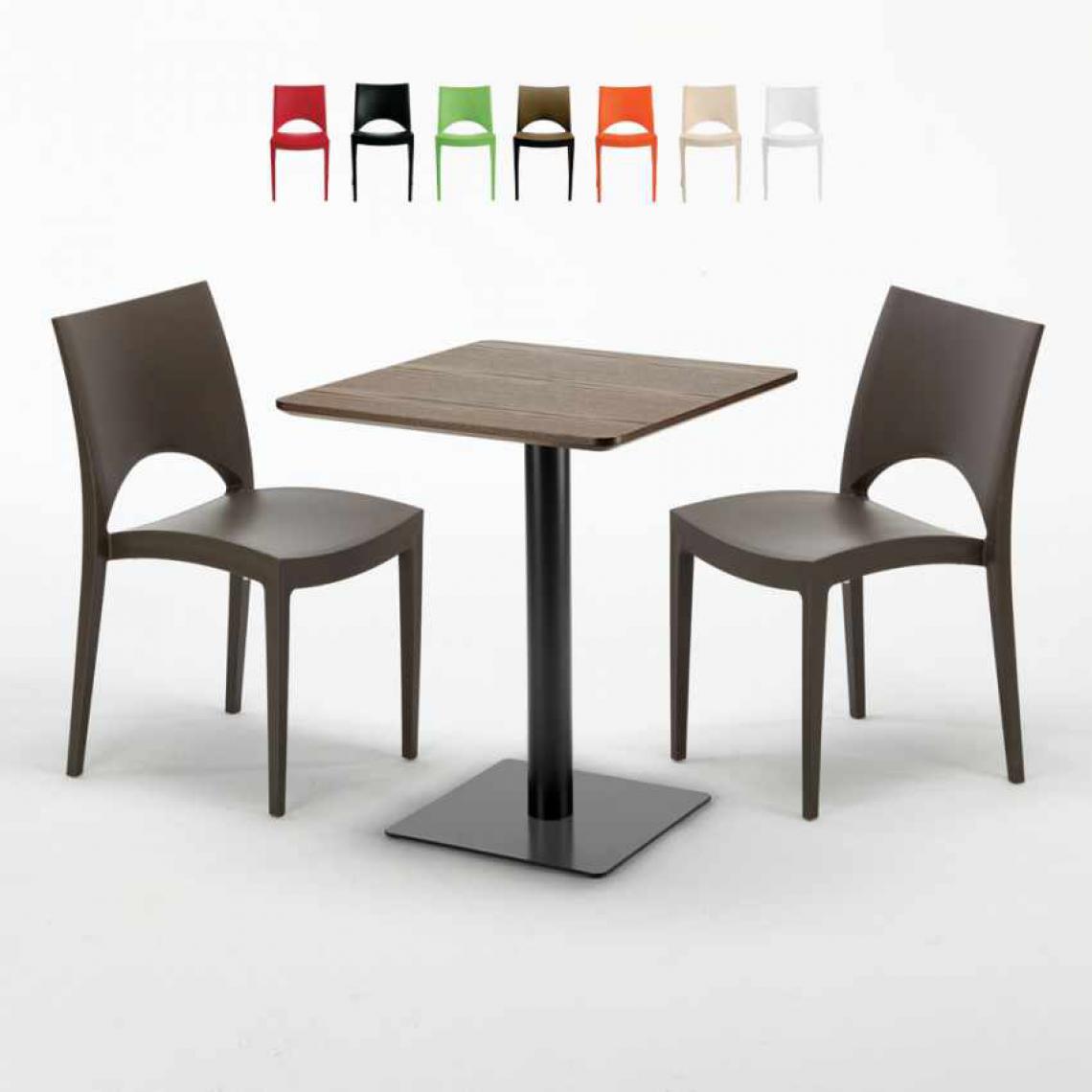 Grand Soleil - Table carrée 60x60 pied noir et plateau bois avec 2 chaises colorées Paris Kiss, Couleur: Marron - Tables à manger