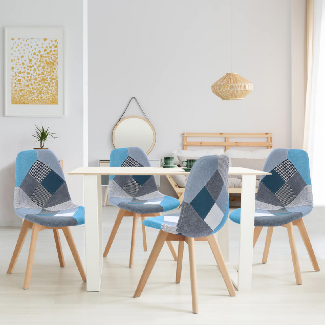 Idmarket - Lot de 4 chaises SARA motifs patchworks bleus - Chaises