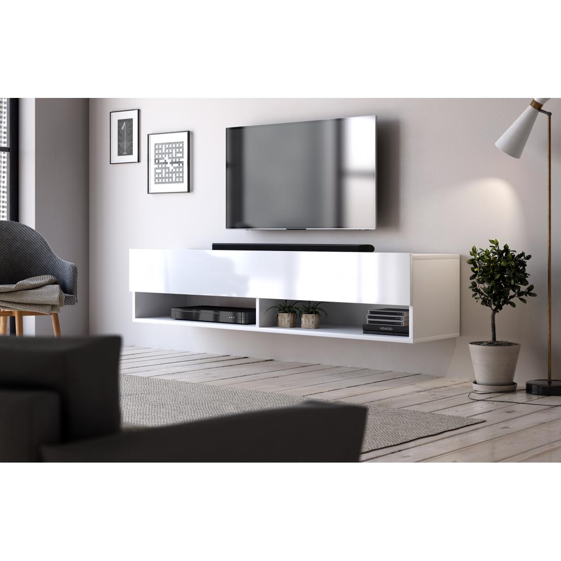 3xeliving - Meuble TV fonctionnel Elwina 140 cm blanc mat / blanc brillant - Meubles TV, Hi-Fi