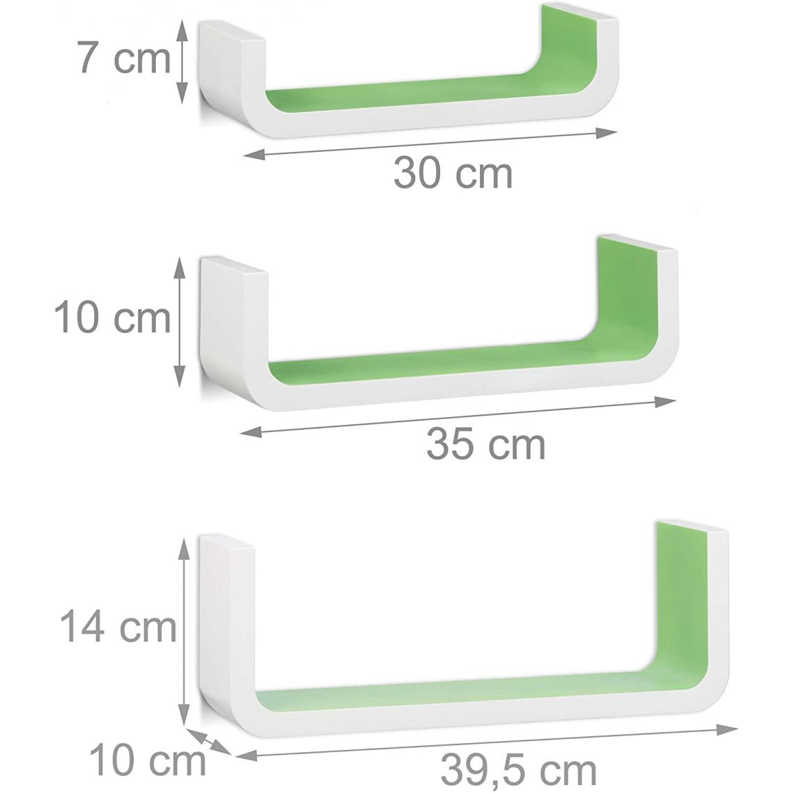 Helloshop26 - Lot de 3 étagères tablette flottante murale en forme de U en MDF compartiment coloré 40 cm large blanc vert 13_0001143 - Etagères