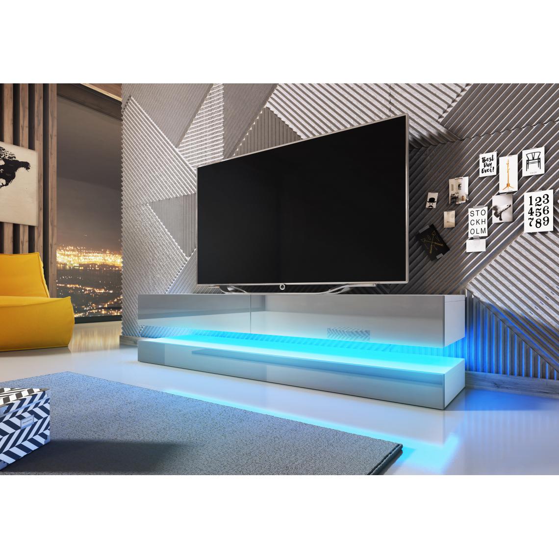 3xeliving - Table TV innovante et moderne Sajna avec éclairage LED, 140cm, blanc / gris brillant - Meubles TV, Hi-Fi
