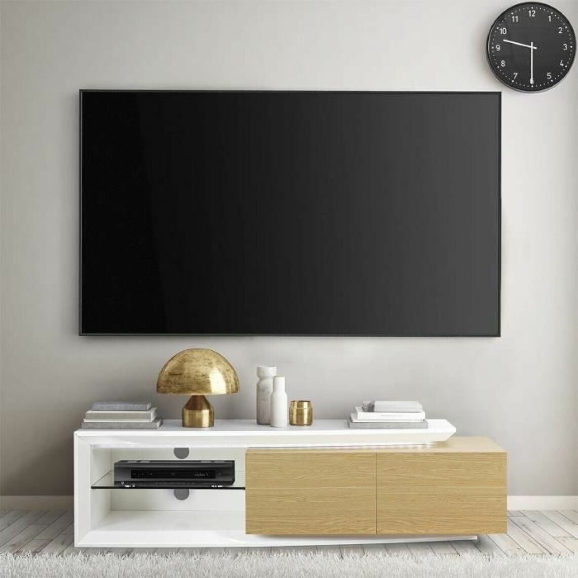 Cstore - Meuble TV contemporain 2 portes + LED - Contemporain - Décor chene et blanc brillant - L 150 x P 45 x H 40 cm - VIRGOS - Meubles TV, Hi-Fi