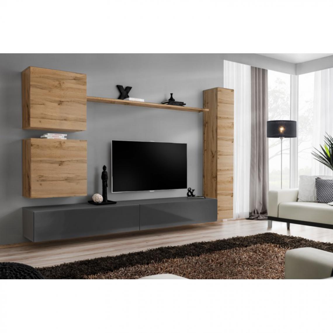 Ac-Deco - Meuble TV Mural Design Switch VIII 280cm Naturel & Gris - Meubles TV, Hi-Fi