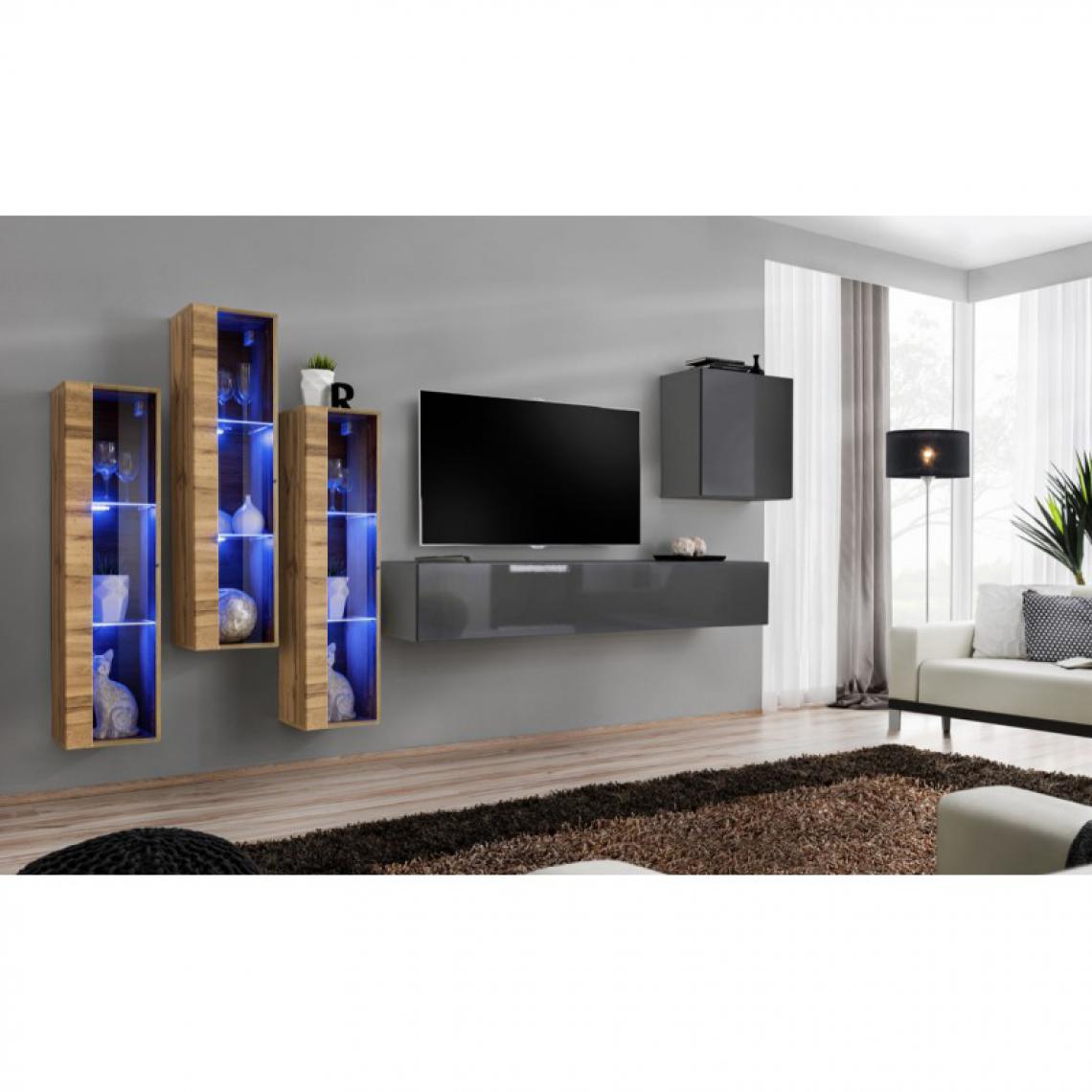 Ac-Deco - Meuble TV Mural Design Switch XIII 330cm Gris & Naturel - Meubles TV, Hi-Fi