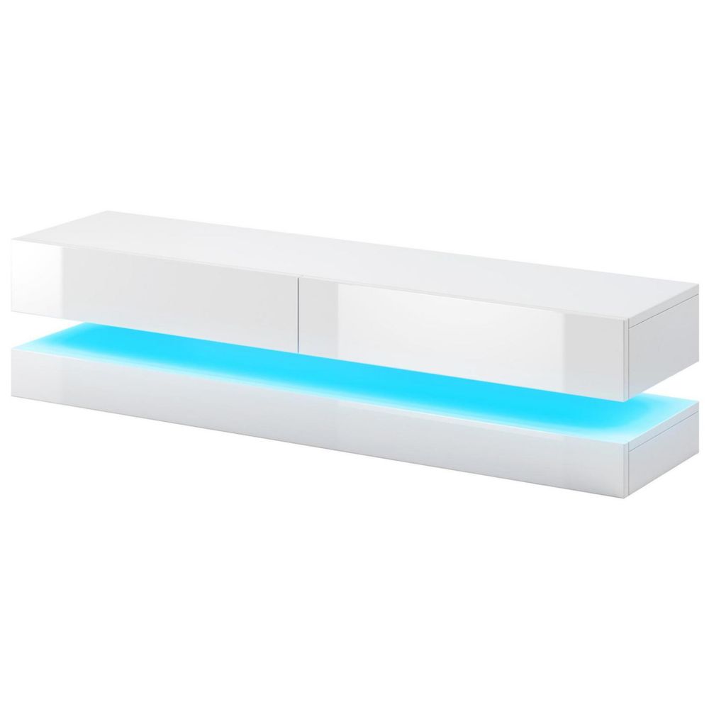 Pegane - Meuble TV design avec éclairage LED bleu, coloris blanc mat / blanc brillant - L.140 x P.34 x H.45 cm -PEGANE- - Meubles TV, Hi-Fi