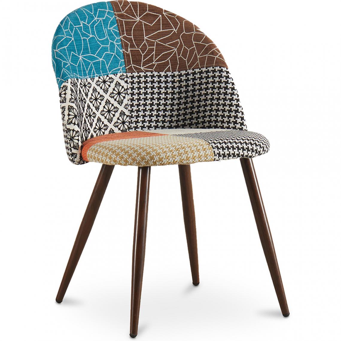 Iconik Interior - Chaise à manger tapissée scandi retro design patchwork pieds en bois sombre - Evelyne Patty - Chaises