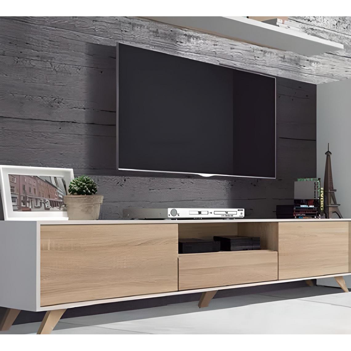 Pegane - Meuble TV avec pieds coloris Blanc / Chêne Cambrian - Longueur 183 x profondeur 35 x hauteur 44 cm - Meubles TV, Hi-Fi