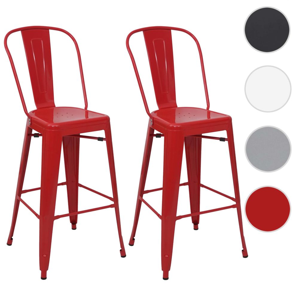 Mendler - 2x tabouret de bar HWC-A73, chaise de comptoir avec dossier, métal, design industriel ~ rouge - Tabourets