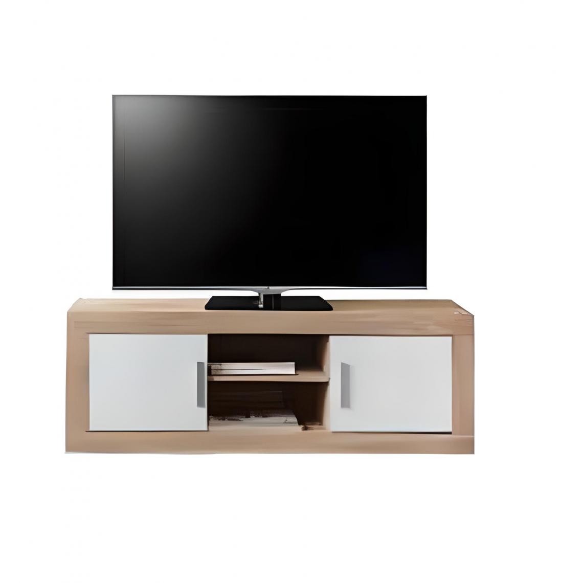 Pegane - Meuble TV de 2 portes + 2 niches coloris Chêne Cambrian / Blanc - Longueur 134 x profondeur 35 x hauteur 46 cm - Meubles TV, Hi-Fi