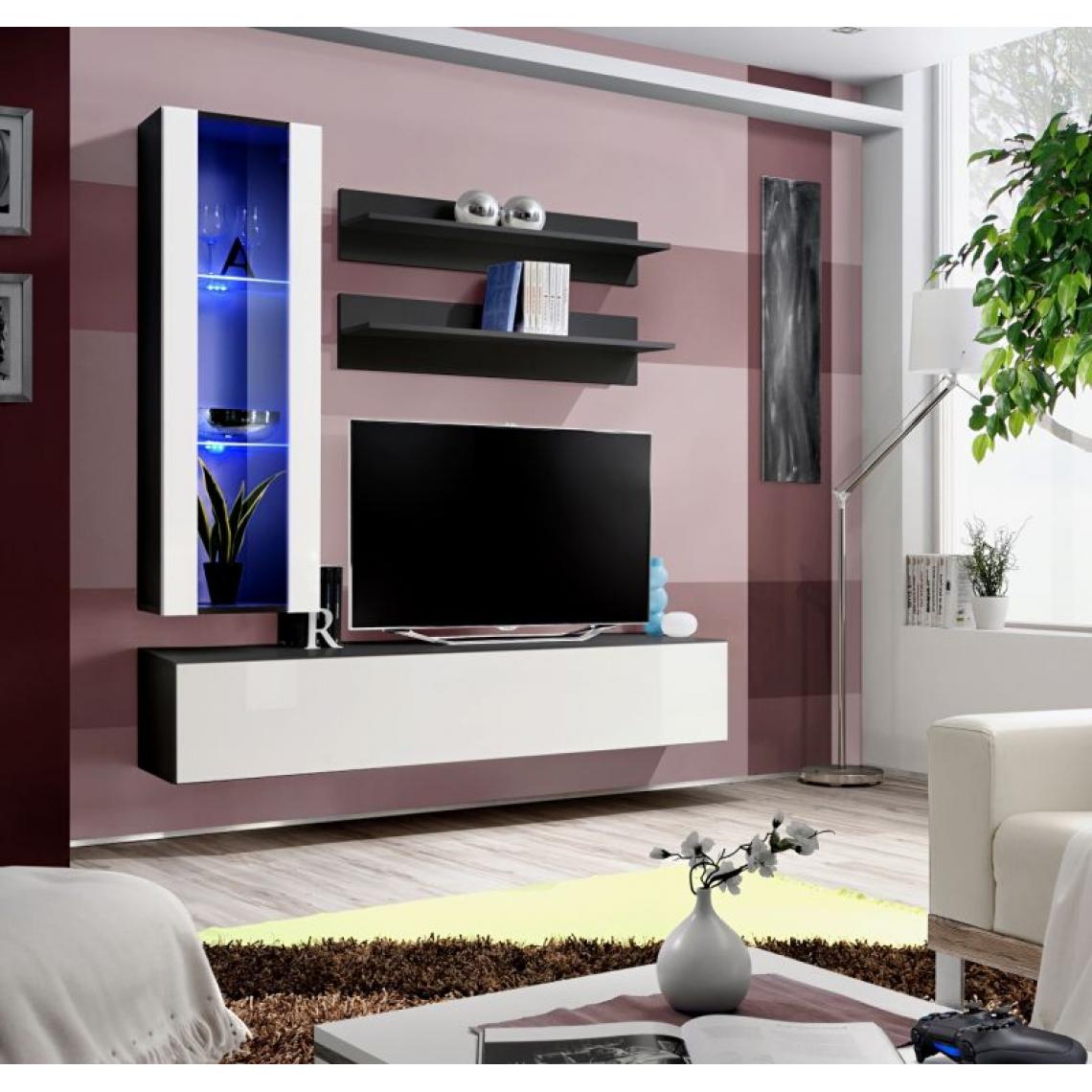 Ac-Deco - Ensemble meuble TV mural - Fly II - 160 cm x 170 cm x 40 cm - Blanc et Noir 2 - Meubles TV, Hi-Fi