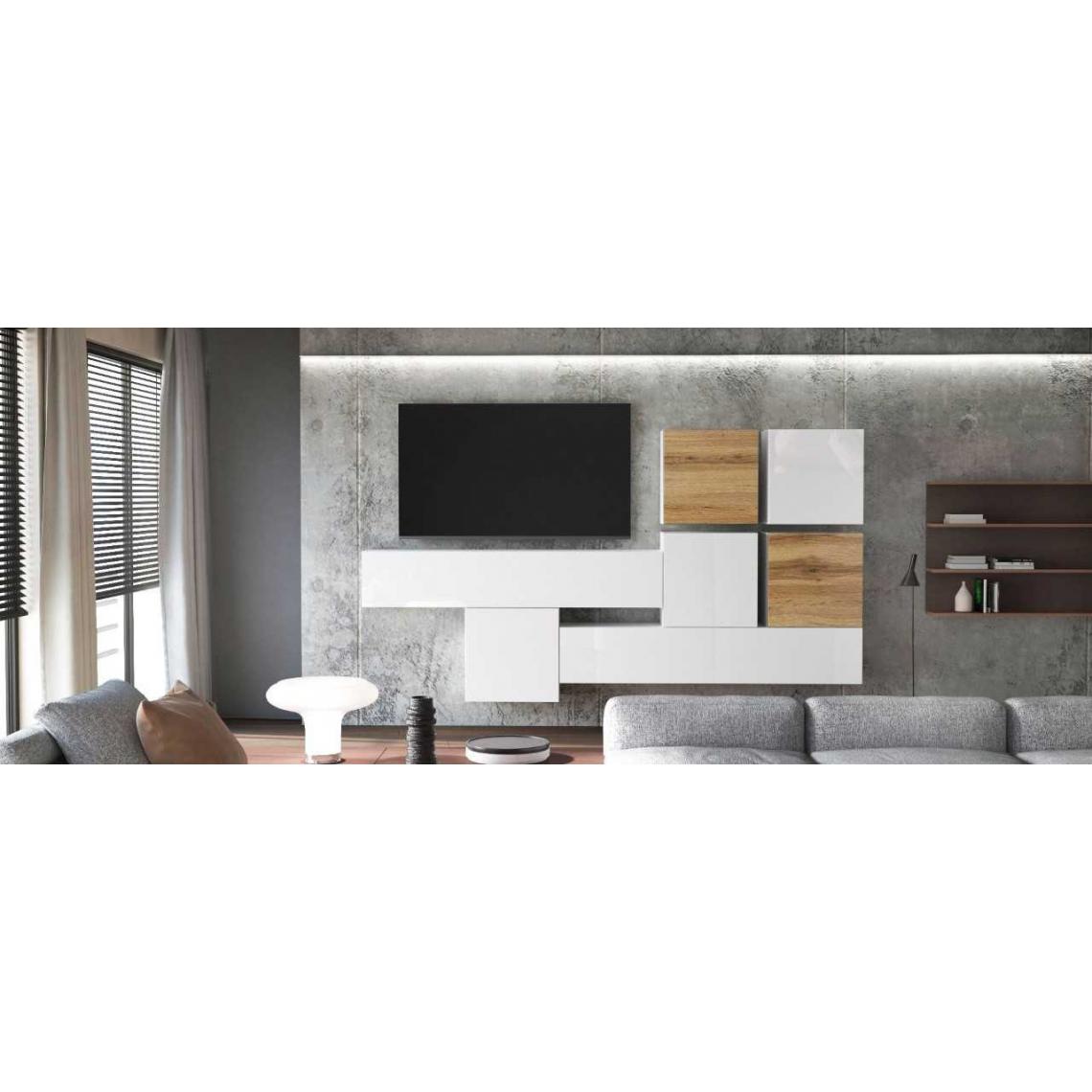 Mpc - Ensemble de 7 meubles suspendus blanc mat / aspect chêne wotan + blanc laqué - Meubles TV, Hi-Fi