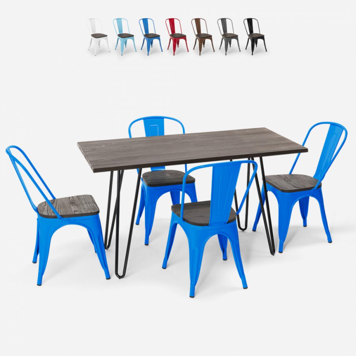 Ahd Amazing Home Design - Set de table rectangulaire 120 x 60 avec 4 chaises en acier de style industriel Tolix et bois Roger, Couleur: Bleu - Tables à manger