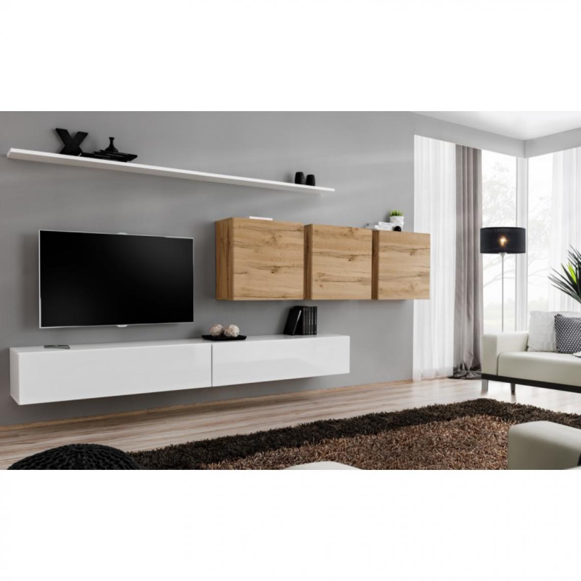 Ac-Deco - Meuble TV Mural Design Switch VII 340cm Blanc & Naturel - Meubles TV, Hi-Fi
