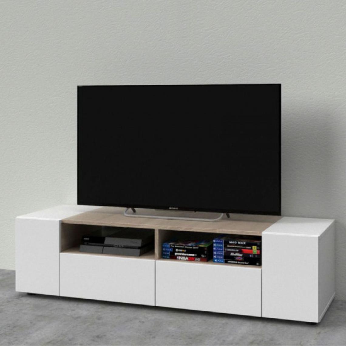 Dansmamaison - Meuble TV 4 portes Blanc/Chêne - MIKATO - L 138 x l 42 x H 36 cm - Meubles TV, Hi-Fi