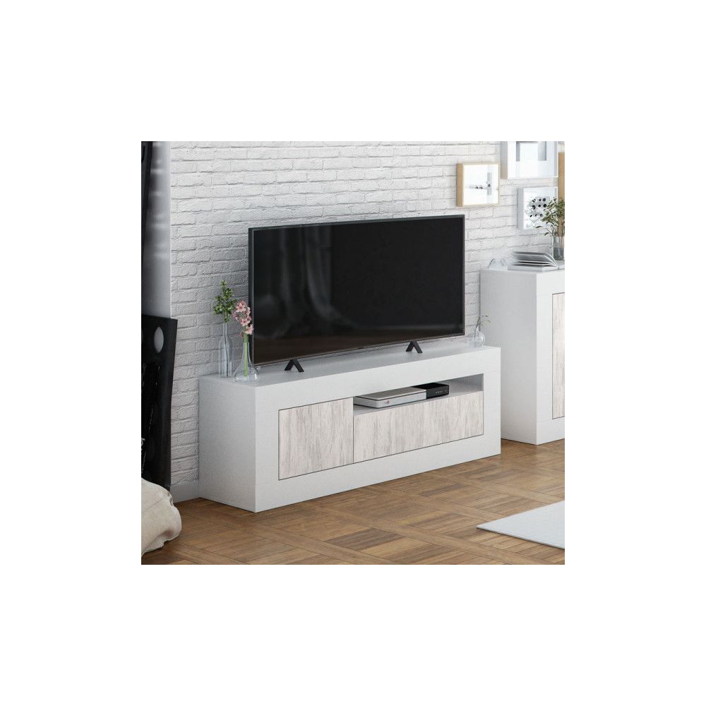 Dansmamaison - Meuble TV 2 portes 1 niche Blanc/Pin blanc - BALTOP - L 139 x l 42 x H 53 cm - Meubles TV, Hi-Fi