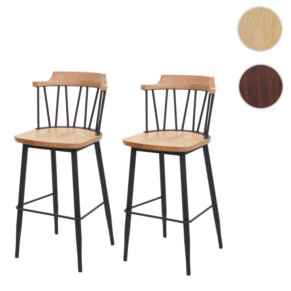 Mendler - 2x tabouret de bar HWC-G69b, chaise bar, bois massif, rétro,métal, repose-pied, gastronomie ~ couleur nature - Tabourets