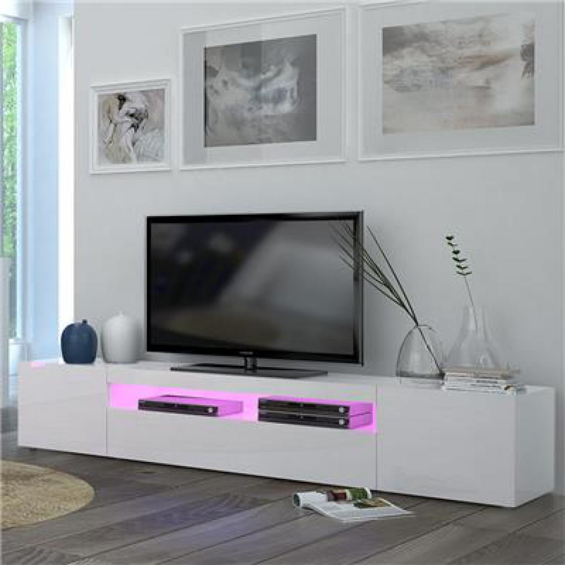 Kasalinea - Meuble TV blanc laqué design MARCELLA-L 200 x P 40 x H 36,2 cm- Blanc - Meubles TV, Hi-Fi