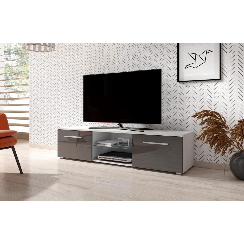 Vivaldi - VIVALDI Meuble TV - MOON - 140 cm - blanc mat / gris brillant - style moderne - Meubles TV, Hi-Fi