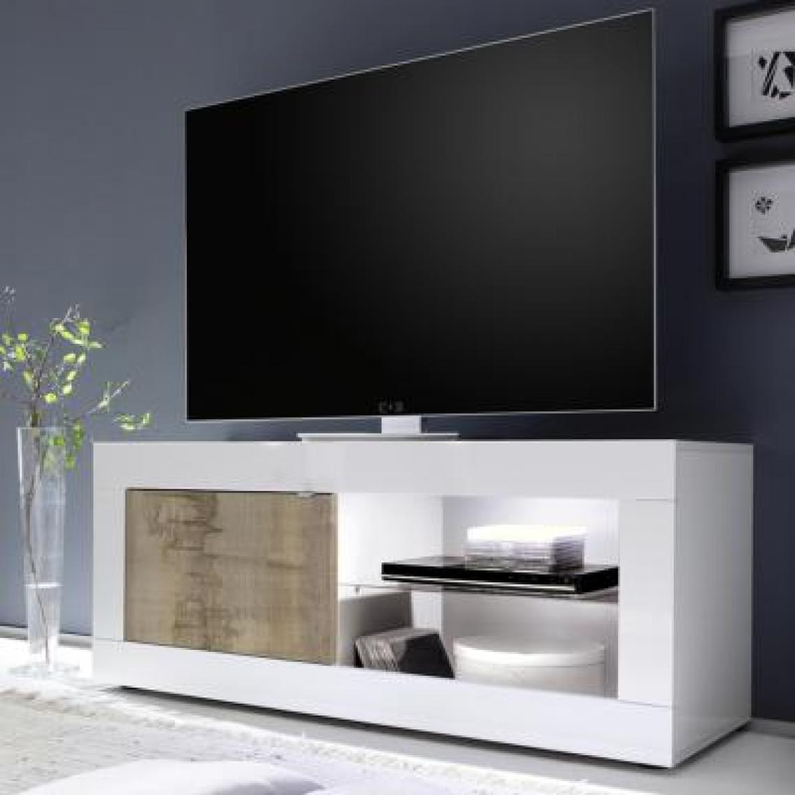 Nouvomeuble - Meuble TV 140 cm LED couleur bois et blanc FOCIA 6 - Meubles TV, Hi-Fi
