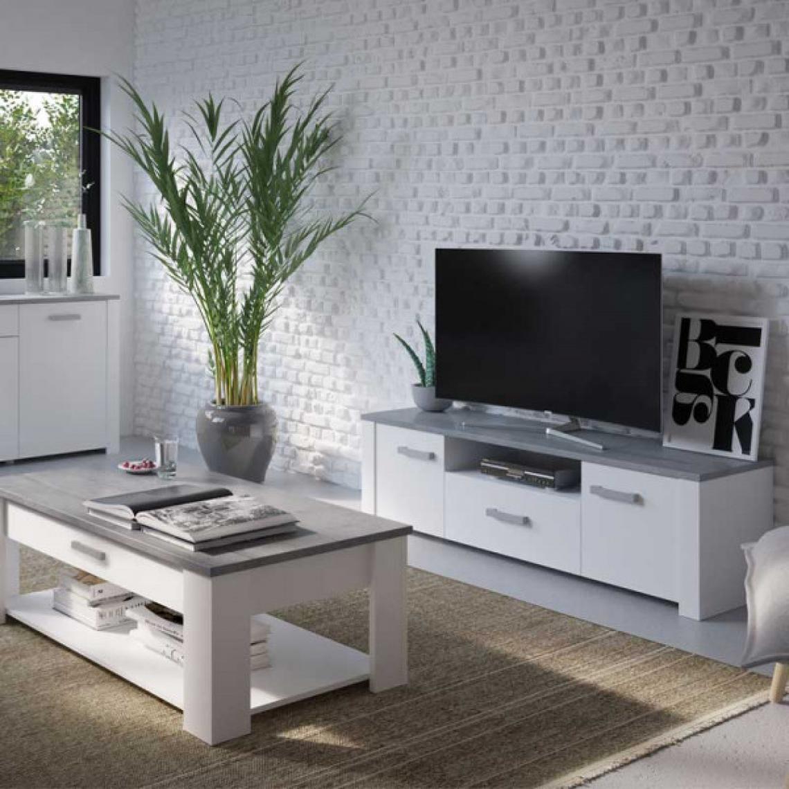 Dansmamaison - Meuble TV 2 portes Blanc/Béton clair - TOURS - L 148 x l 42 x H 44 cm - Meubles TV, Hi-Fi