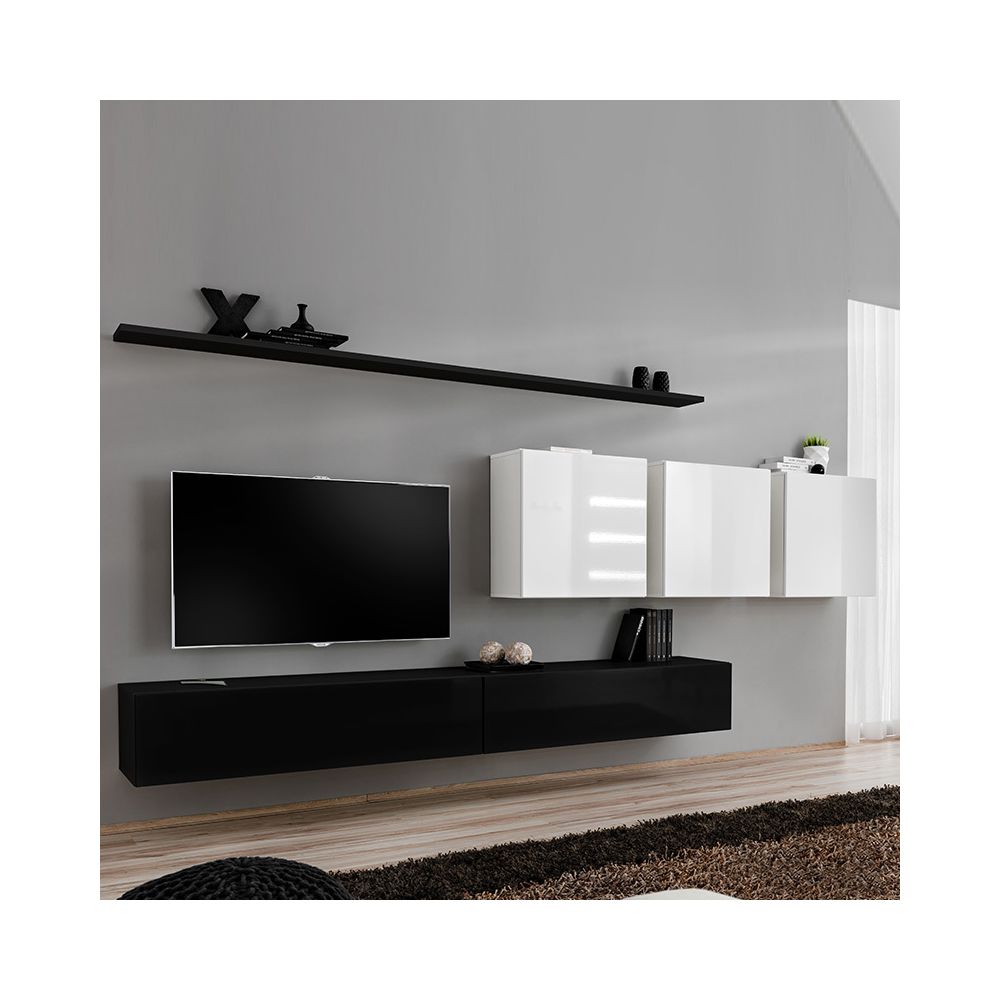 Kasalinea - Meuble télé suspendu noir et blanc ANSELMO 2 - Etagères