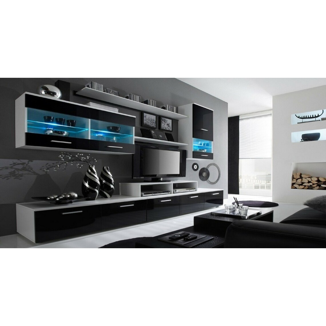 Skraut Home - Ensemble meubles,Blanc Mat-Noir Laq.250x194x42cm - Meubles TV, Hi-Fi