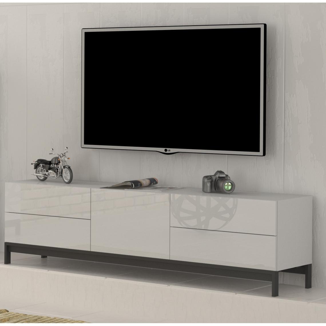 Alter - Meuble TV de salon, Made in Italy, Meuble TV de salon surélevé avec 1 porte et 4 tiroirs, 170x40h47 cm, couleur blanc brillant - Meubles TV, Hi-Fi