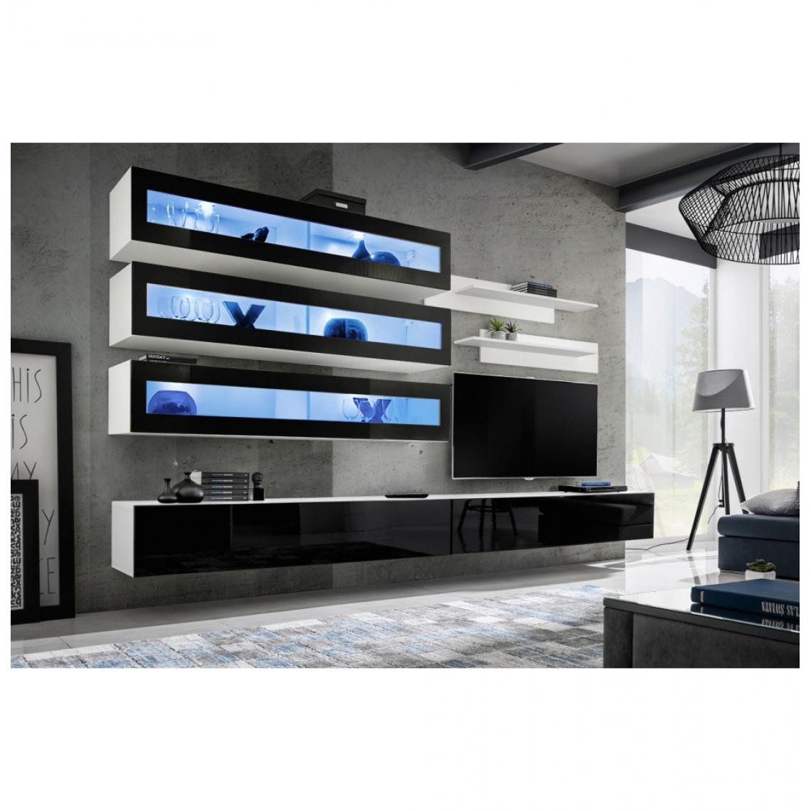 Ac-Deco - Ensemble mural - FLY J - 3 rangements LED - 2 meubles TV - 2 étagères - Blanc et noir - Modèle 1 - Meubles TV, Hi-Fi
