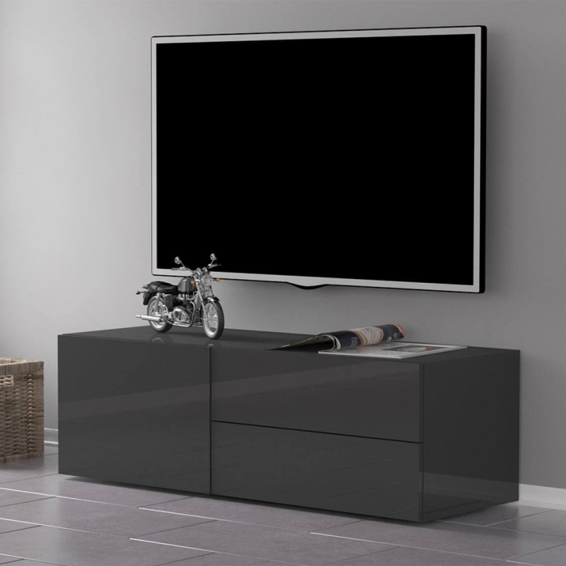 Ahd Amazing Home Design - Meuble TV Salon Compartiment 2 Tiroirs Anthracite Brillant Metis Report - Meubles TV, Hi-Fi