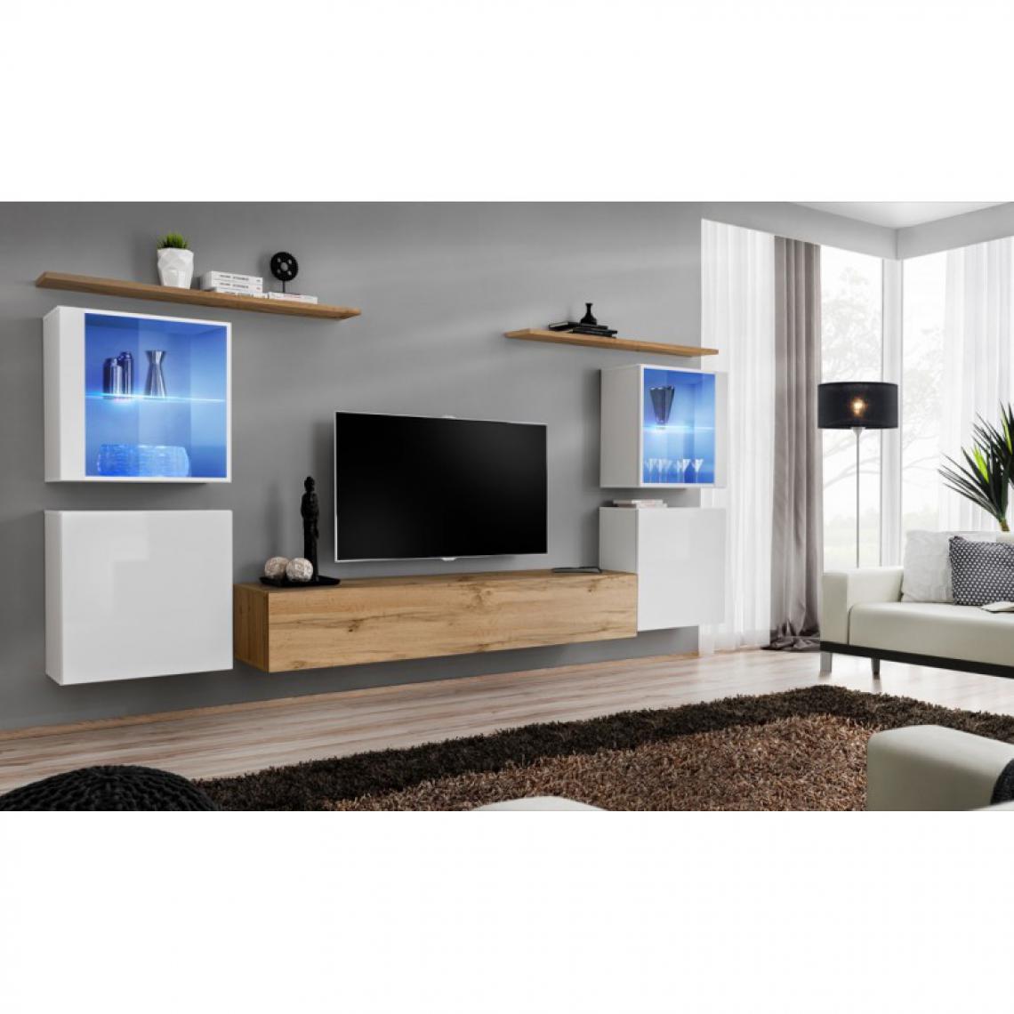 Ac-Deco - Meuble TV Mural Design Switch XIV 320cm Blanc & Naturel - Meubles TV, Hi-Fi