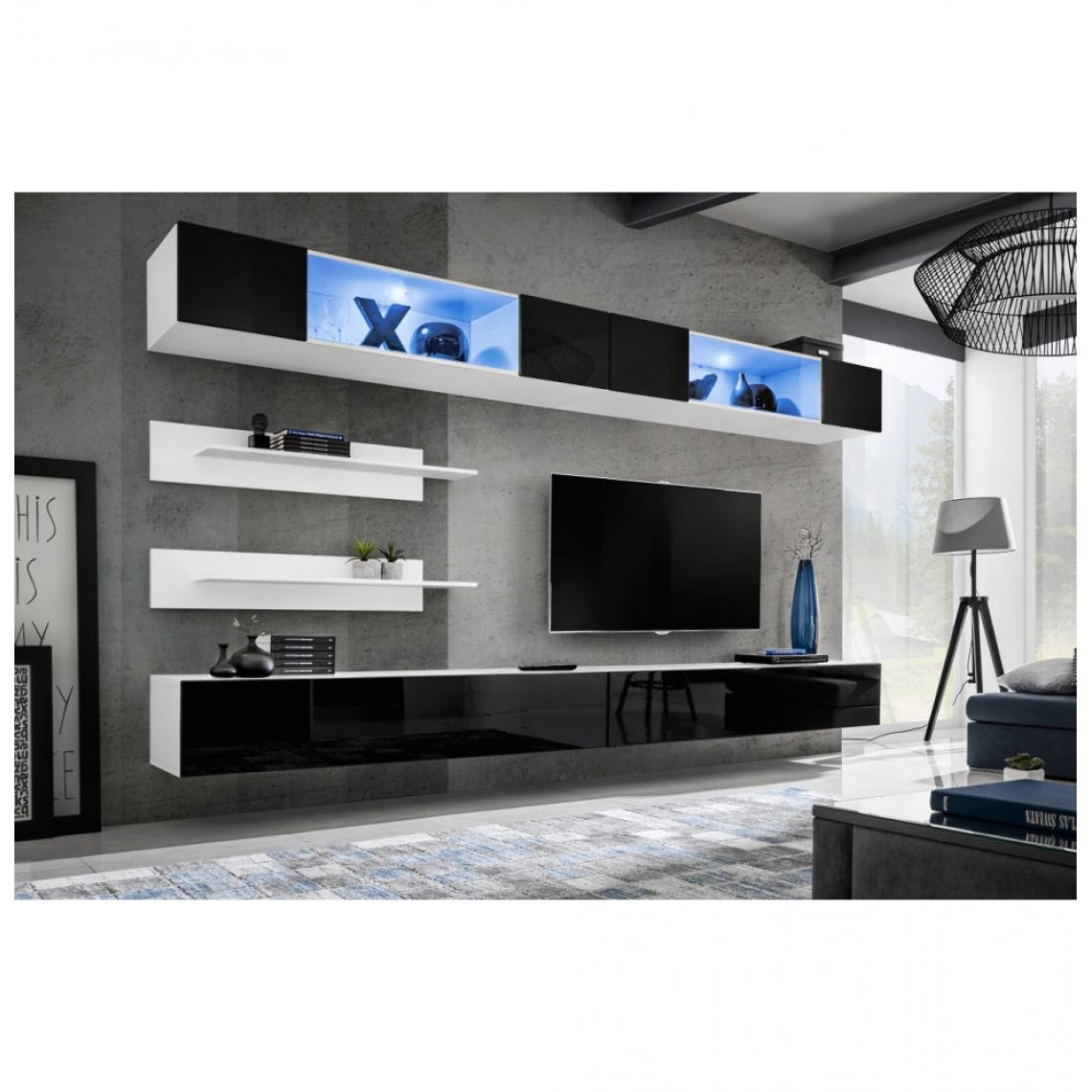 Ac-Deco - Ensemble mural - FLY I - 2 rangements LED - 2 meubles TV - 2 étagères - Blanc et noir - Modèle 2 - Meubles TV, Hi-Fi