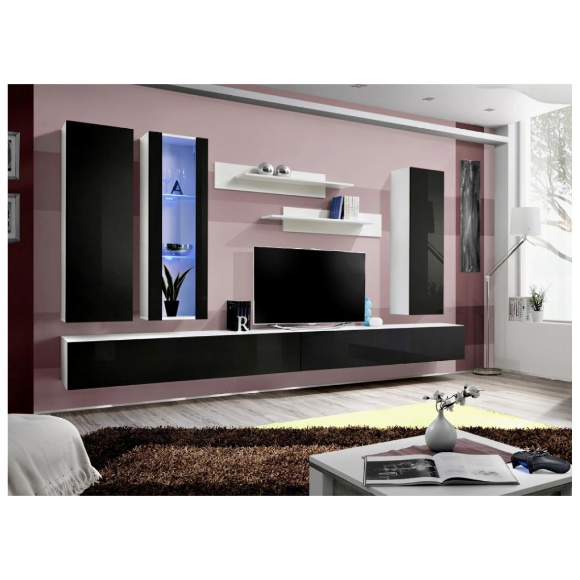 Ac-Deco - Ensemble meuble TV mural - Fly II - 320 cm x 190 cm x 40 cm - Blanc et noir - Meubles TV, Hi-Fi