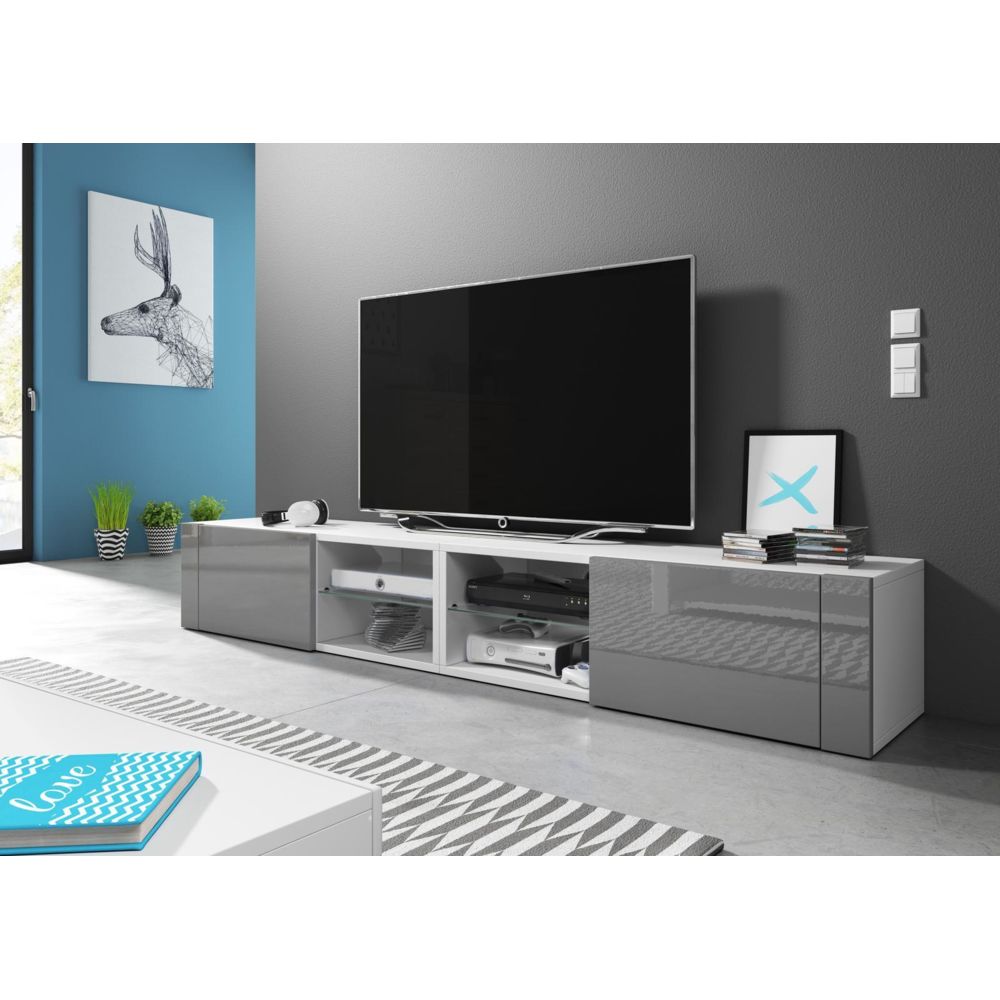 Vivaldi - VIVALDI Meuble TV - HIT 2 DOUBLE - 200 cm - blanc mat / gris brillant - style design - Meubles TV, Hi-Fi