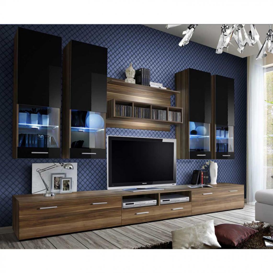 Ac-Deco - Meuble TV Mural Design Dorade 300cm Prunier & Noir - Meubles TV, Hi-Fi