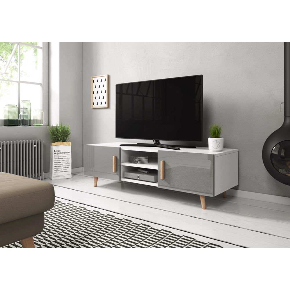 Vivaldi - VIVALDI Meuble TV - SWEDEN 2 - 140 cm - blanc mat / gris brillant - style scandinave - Meubles TV, Hi-Fi