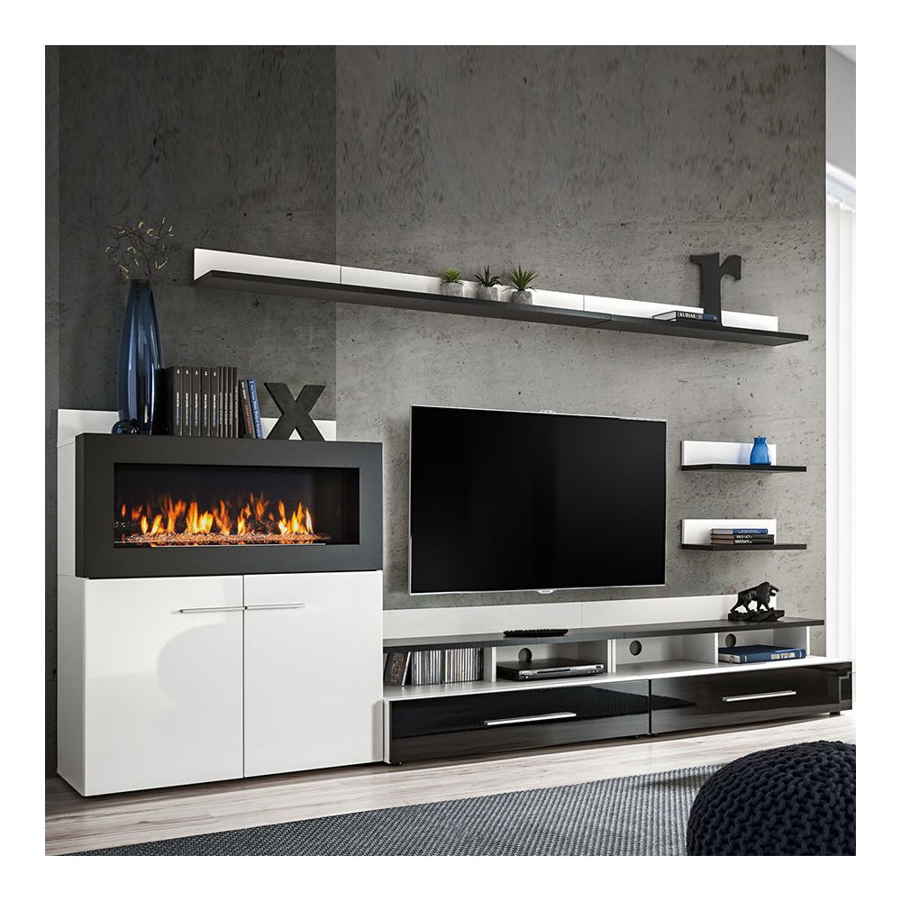 Nouvomeuble - Meuble TV avec rangement et cheminée noir laqué MARTANO - Meubles TV, Hi-Fi