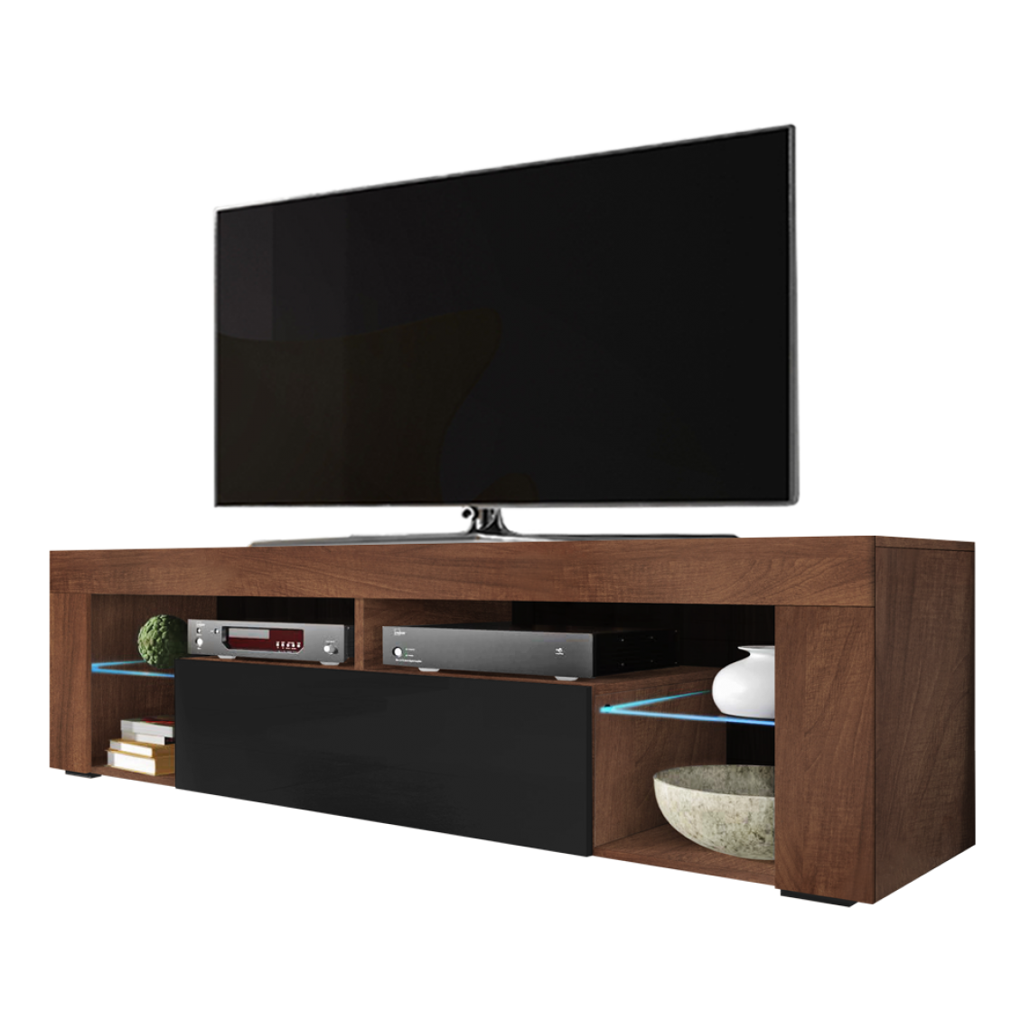 Selsey - Meuble tv - BIANKO - 140 cm - noyer mat / noir brillant - avec LED - Meubles TV, Hi-Fi