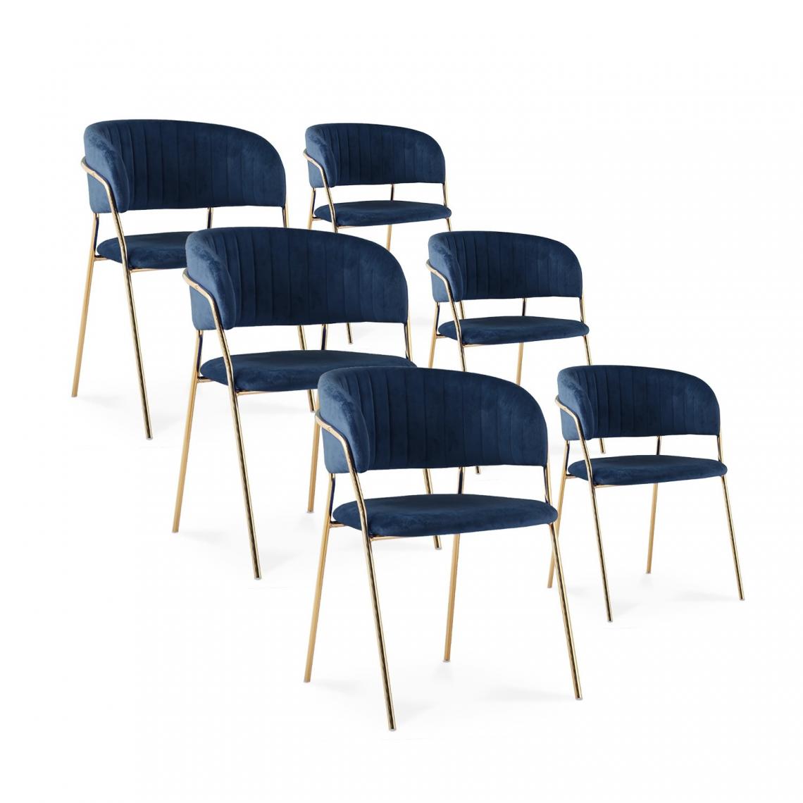marque generique - Lot de 6 chaises Margaux velours bleu pieds or - Chaises