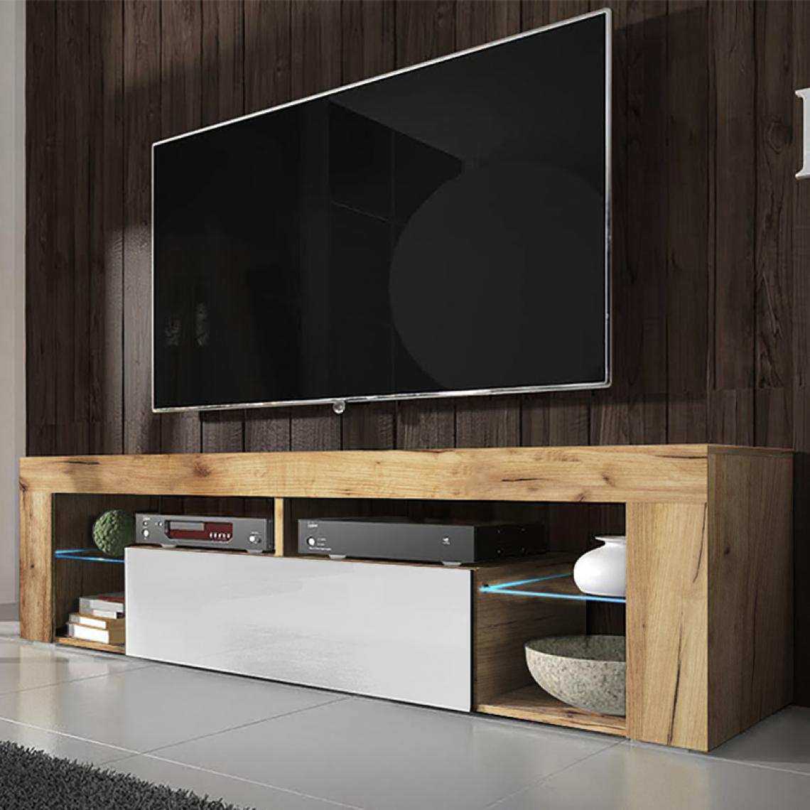 Selsey - Meuble tv - BIANKO - 140 cm - chêne lancaster / blanc brillant - avec LED - Meubles TV, Hi-Fi