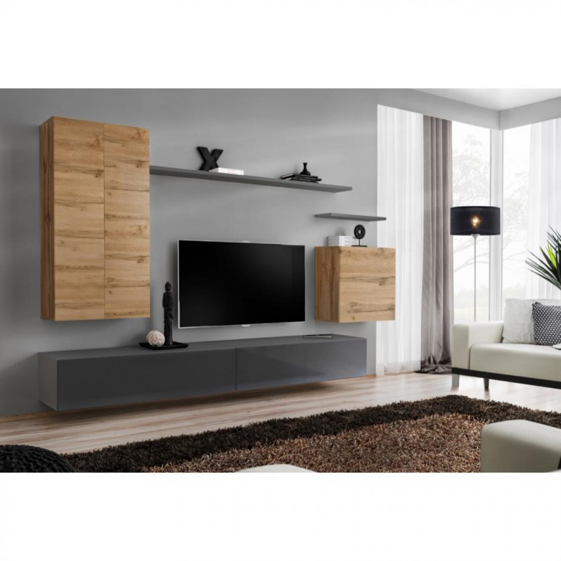 Ac-Deco - Meuble TV Mural Design Switch II 270cm Naturel & Gris - Meubles TV, Hi-Fi