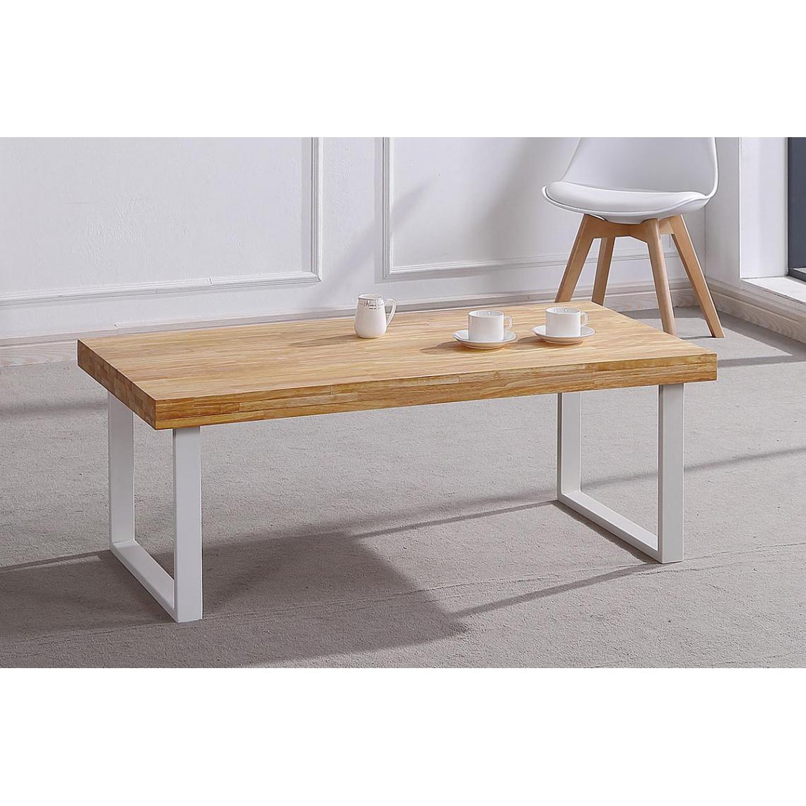 Pegane - Table basse en bois coloris chêne nordique / pieds blanc - Longueur 120 x profondeur 60 x hauteur 43 cm - Tables basses
