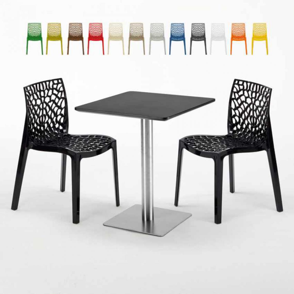 Grand Soleil - Table carrée 60x60 pied acier et plateau noir avec 2 chaises colorées Gruvyer Pistachio, Couleur: Noir - Tables à manger