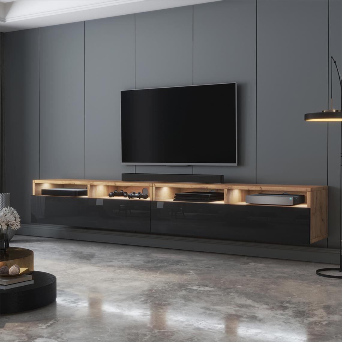 Selsey - Meuble TV - REDNAW - 200 cm - chêne wotan / noir brillant - avec LED - Meubles TV, Hi-Fi