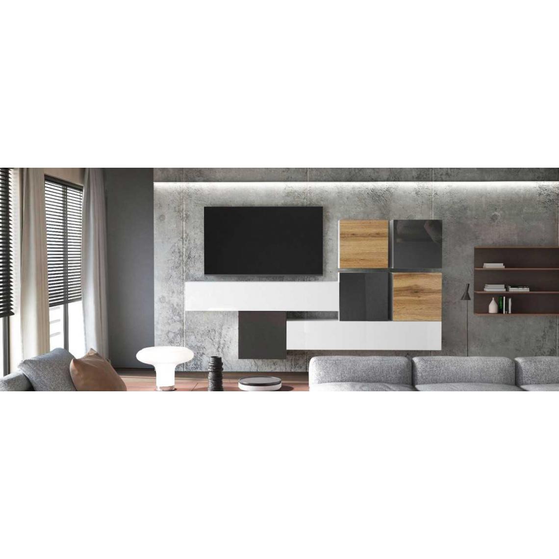 Mpc - Ensemble de 7 meubles suspendus blanc mat / aspect chêne wotan + blanc et noir laqué - Meubles TV, Hi-Fi