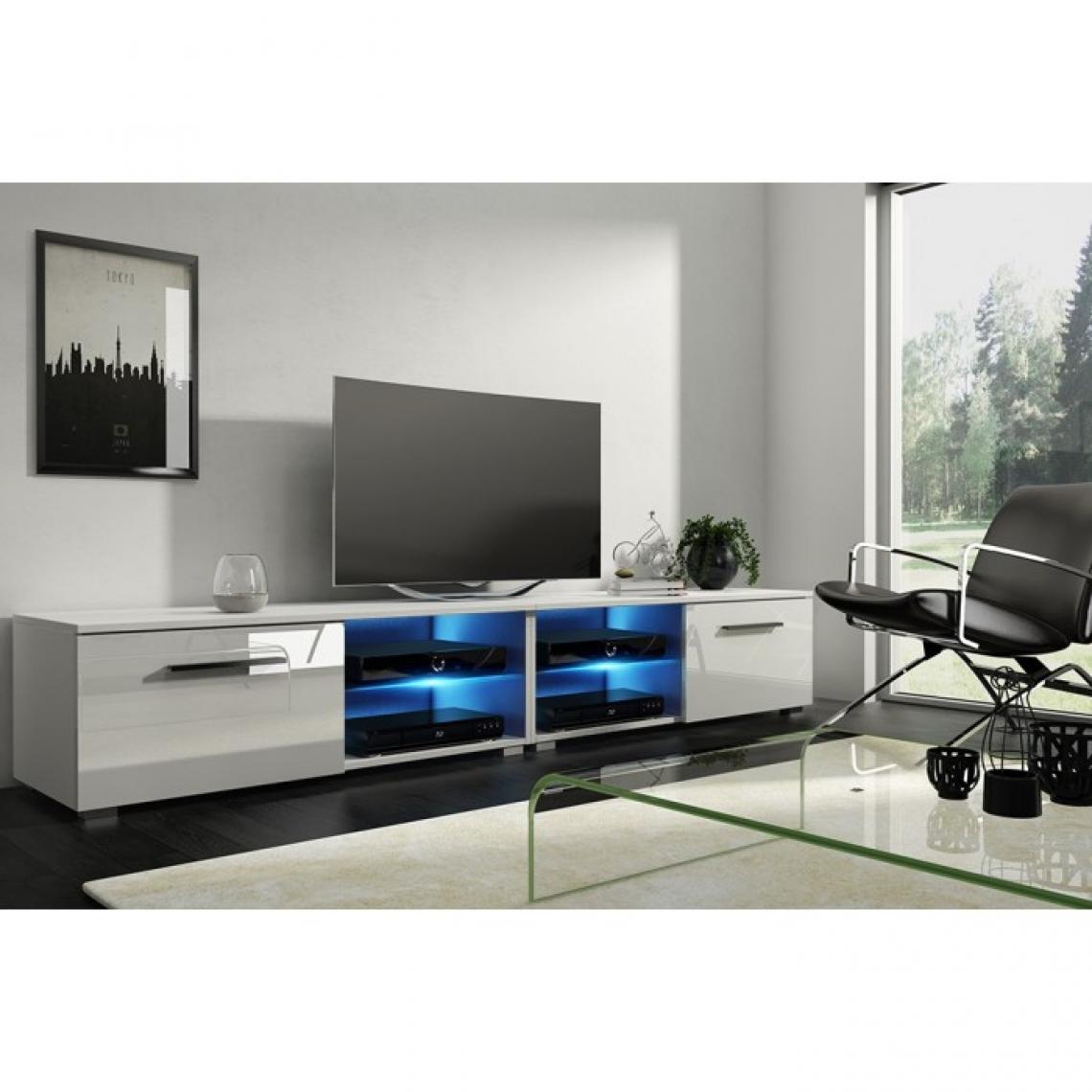 Hucoco - MOOD - Meuble TV style moderne avec LED salon séjour - 200x40x36 cm - Meuble de télévision avec rangements - Mat + Gloss - Blanc - Meubles TV, Hi-Fi