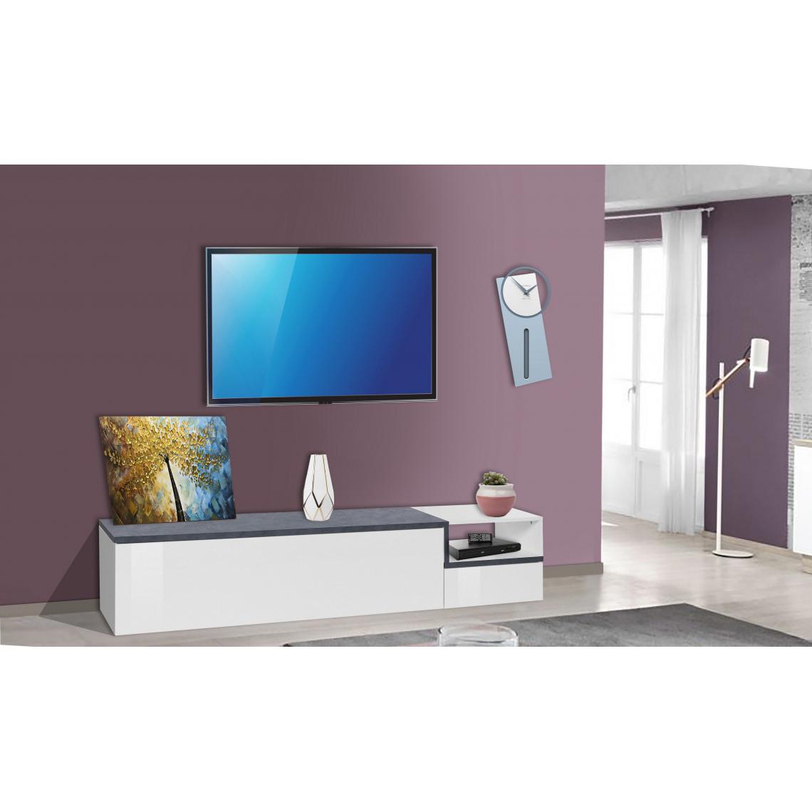 Alter - Meuble TV de salon, Made in Italy, Meuble TV avec 1 porte abattante et étagères, cm 200x40h49, couleur blanc brillant et ardoise - Meubles TV, Hi-Fi