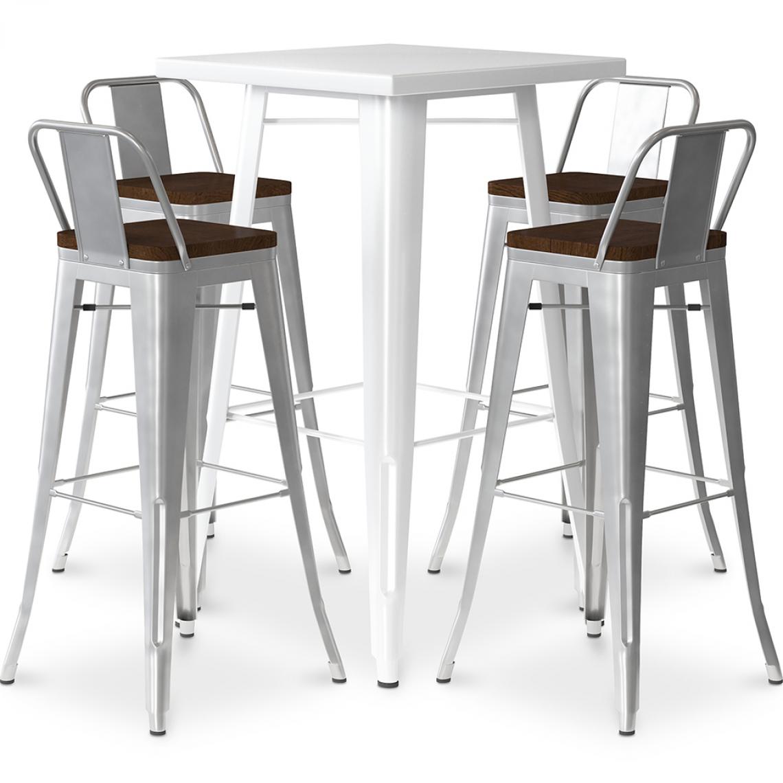 Iconik Interior - Table de bar blanche + 4 tabourets de bar en acier - Ensemble Bistrot Stylix Design industriel - Nouvelle édition Argenté - Tabourets