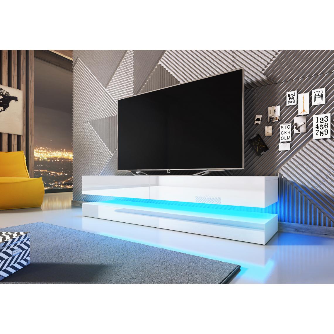 3xeliving - Table TV innovante et moderne Sajna avec éclairage LED, 140cm, blanc / blanc brillant - Meubles TV, Hi-Fi